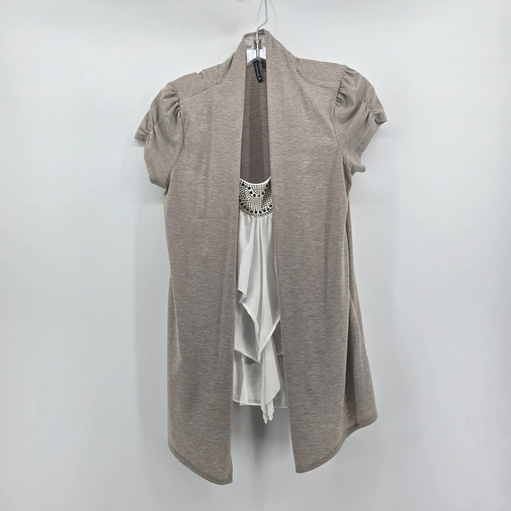 Heartsoul Womens 2-in-1 Layered Top Taupe Cardigan White Ruffle Studded Medium